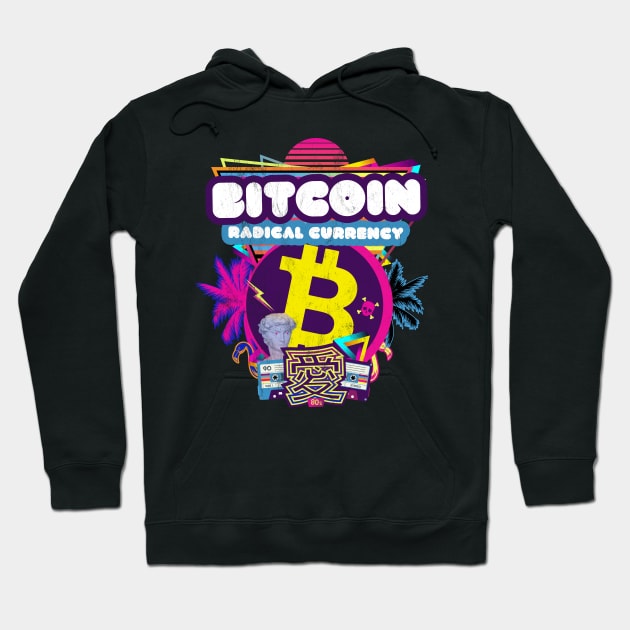 Bitcoin Crypto Radical Currency 80s Purple Pink Retro Funny Hoodie by MapYourWorld